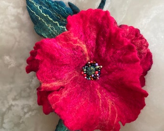 Wet Felted brooch merino wool  Felted pin.Felted wool red  flower merino wool,beads