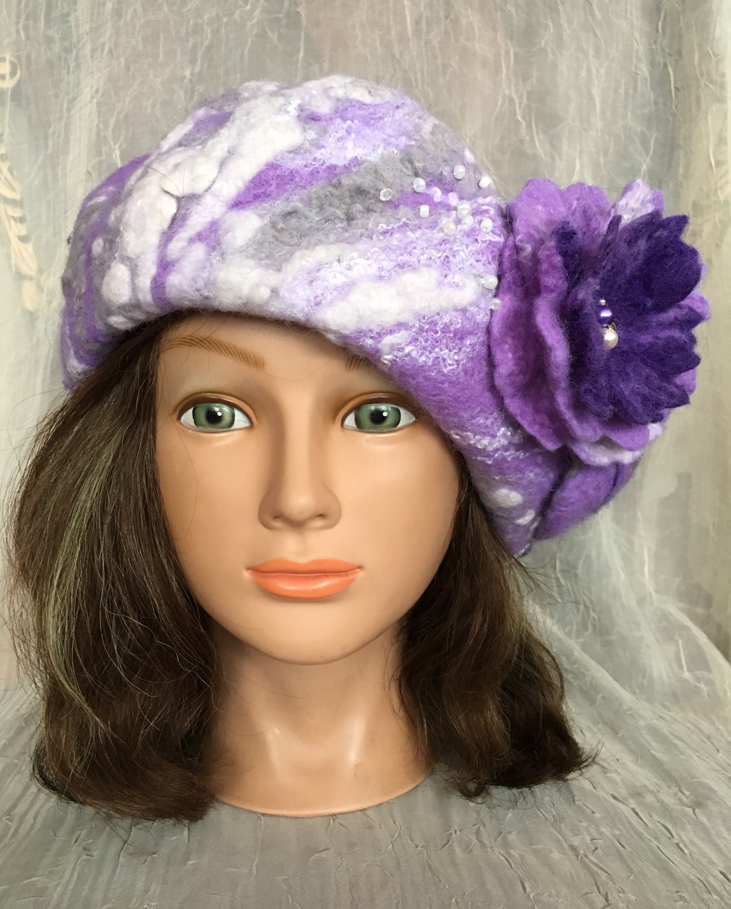 Felted Wool Silk Beret Designer Blue Purple Grey Lavender 
