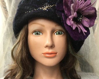 Sale. Ooak Felted hat beret black purple flower ladies felt beret, felted hat wearable art