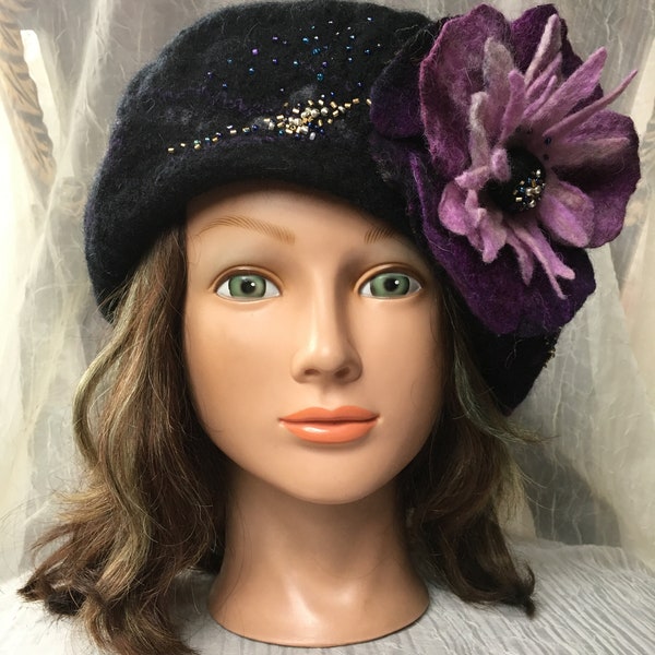 Sale. Ooak Felted hat beret black purple flower ladies felt beret, felted hat wearable art