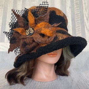 Merino wool brown black rusty animal print merino wool and black Sherpa flapper hat Ooak felted designer hat tatiana123 image 1