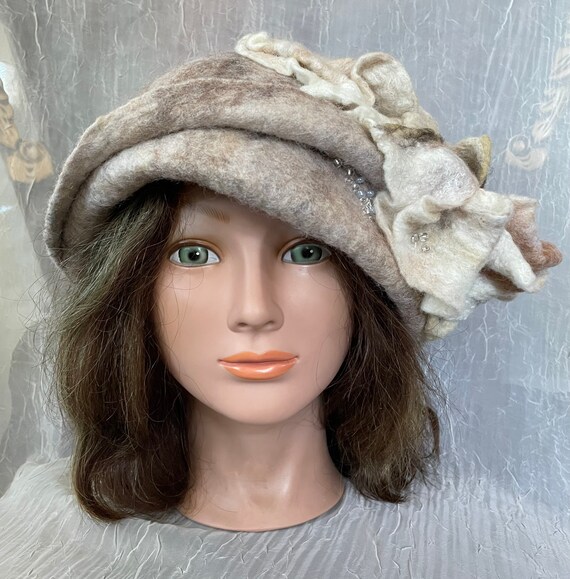 Merino Wool Taupe Cream Brown Cloche Hat Ooak Felted 