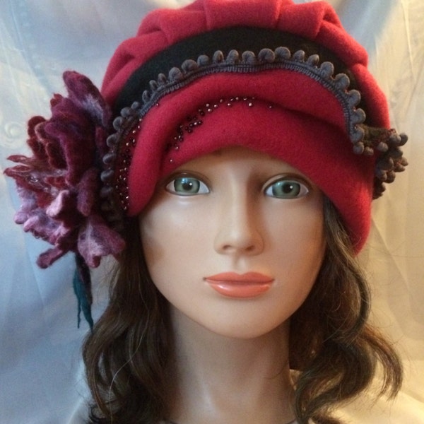 Ooak designer women's ladies fleece black burgundy maroon red cloche hat with felted red burgundy maroon flower ,polka dot warm winter