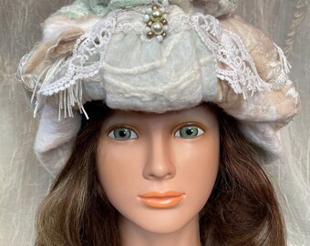 Ooak turban  style hat Felted wool silk cream mint beige white hat tatiana123