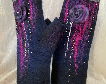 Fingerless  merino wool  navy blue, burgundy,purple,,  grey, black, ladies gloves, felted gloves, mittens, nunofelted wrist warmers