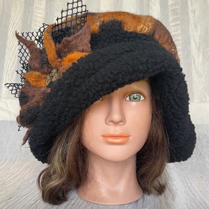 Merino wool brown black rusty animal print merino wool and black Sherpa flapper hat Ooak felted designer hat tatiana123 image 9