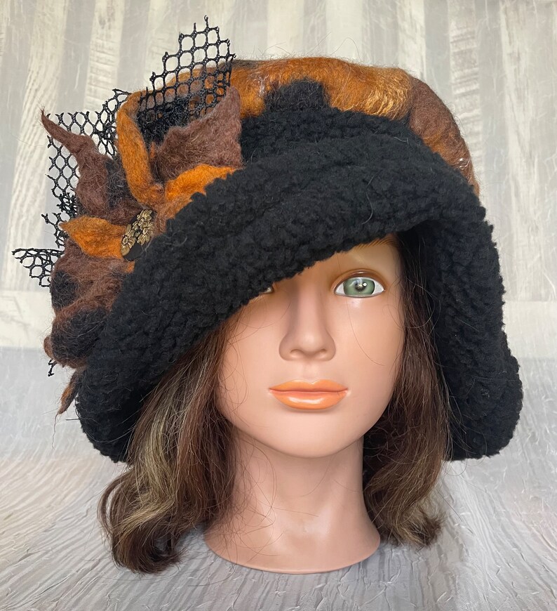 Merino wool brown black rusty animal print merino wool and black Sherpa flapper hat Ooak felted designer hat tatiana123 image 9