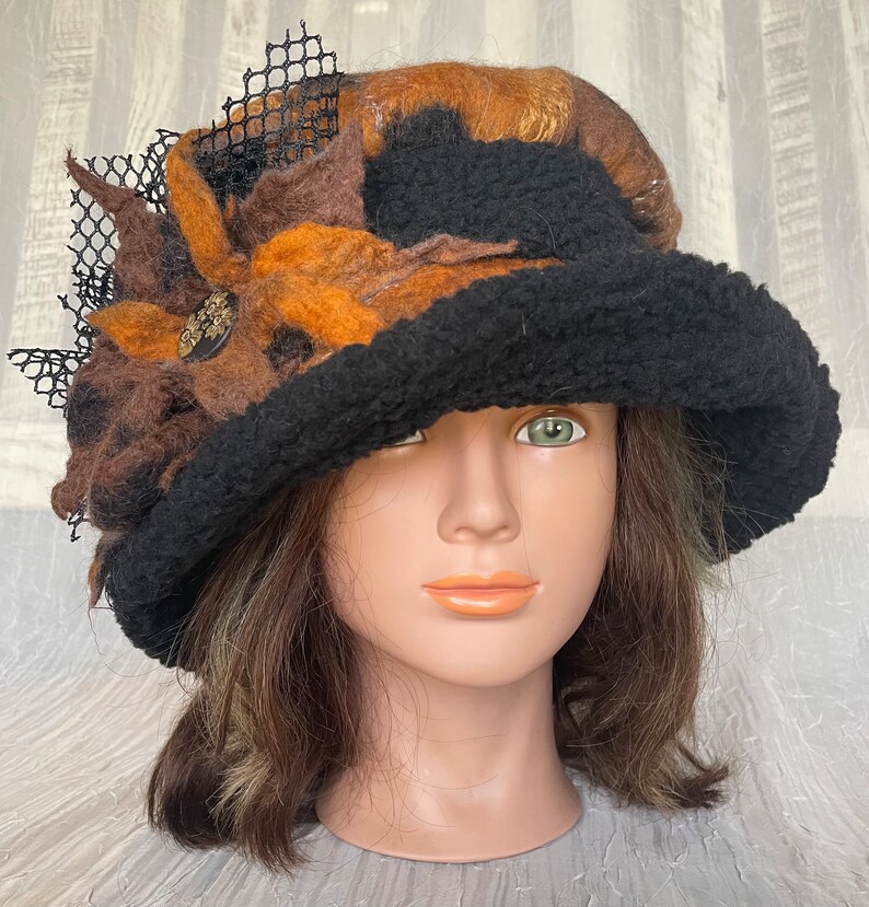 Merino wool brown black rusty animal print merino wool and black Sherpa flapper hat Ooak felted designer hat tatiana123 image 3