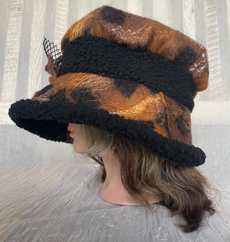 Merino wool brown black rusty animal print merino wool and black Sherpa flapper hat Ooak felted designer hat tatiana123 image 6