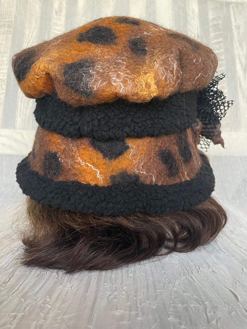 Merino wool brown black rusty animal print merino wool and black Sherpa flapper hat Ooak felted designer hat tatiana123 image 7