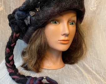 Felted wool  beret designer black  burgundy mauve funky felt beret, felted hat wearable art tatiana123