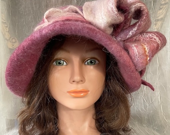 Ooak merino wool wetfelted cloche  hat pink burgundy  cream special occasion hat