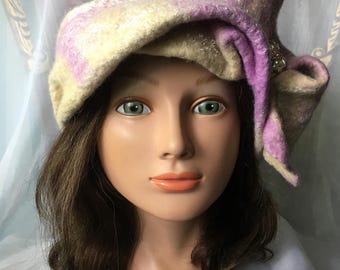 Designer warm wool wet  felted hat . Camel ,lavender,cream wet felted cloche hat ,tatiana123hat