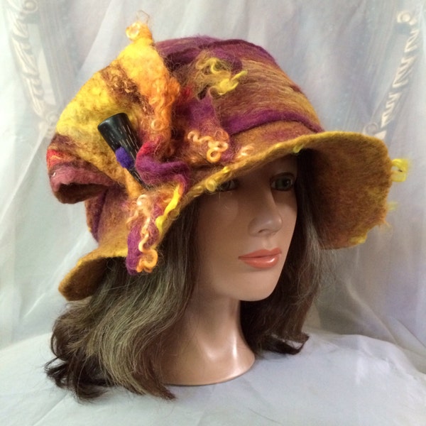 Nunofelt hat felted wool cloche Tatiana123 orange red rust brown olive hat