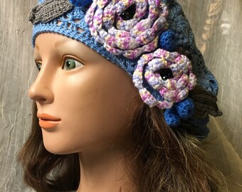Summer Hat Crochet Beret Periwinkle Blue With Flowers  display picture 3