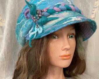 Designer  wool cap winter warm sky blue turquoise lilac violet blue wet felted wool winter warm cap hat Tatiana123