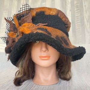 Merino wool brown black rusty animal print merino wool and black Sherpa flapper hat Ooak felted designer hat tatiana123 image 5