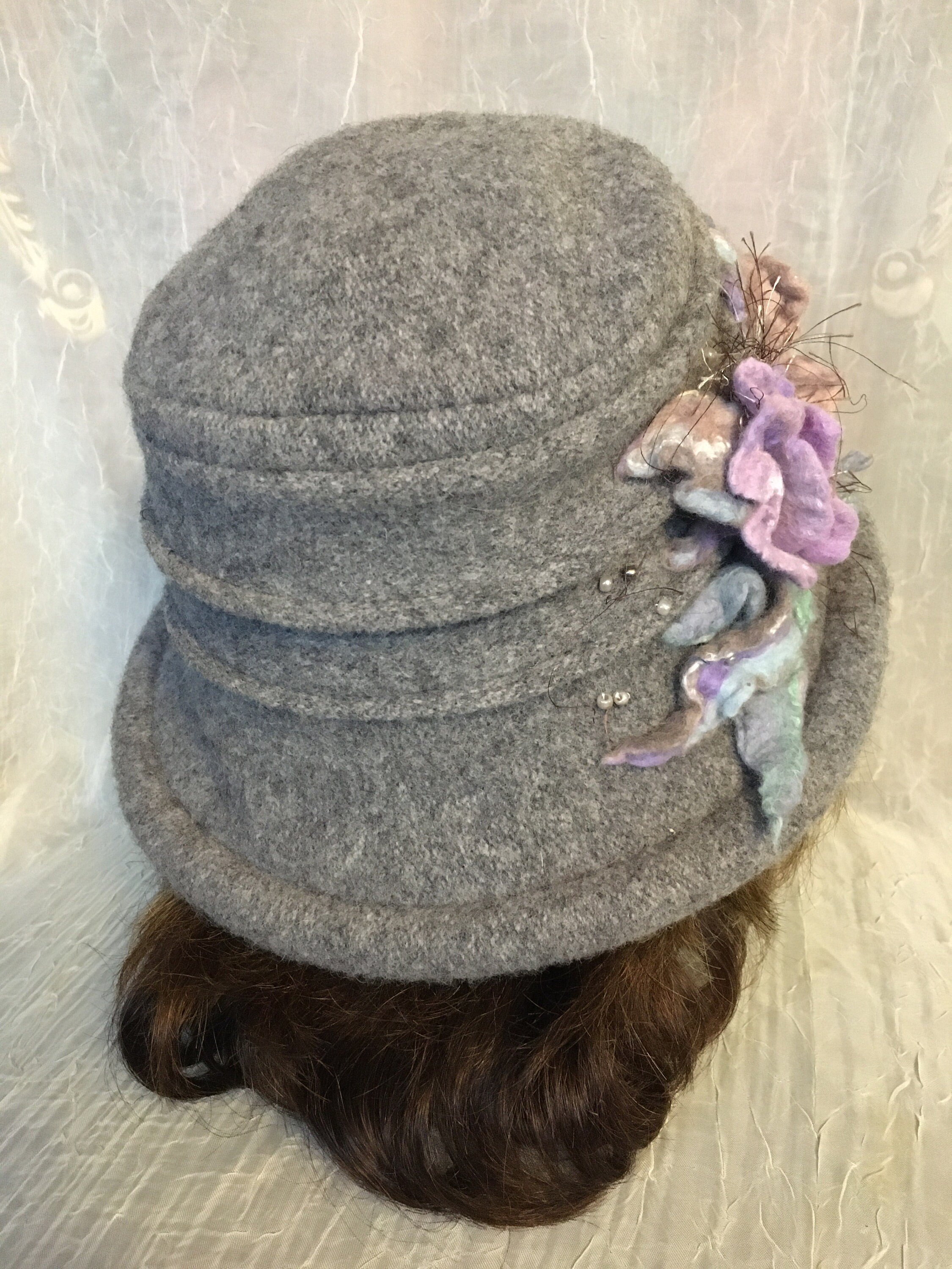 OOAK Handmade Felted Wool Cloche Bucket Hat Gray Artisan Boiled Wool Winter Ooak Merino Wool Wetfelted Cloche Hat Grey Gray Blue Olive  main image 3