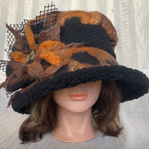 Merino wool brown black rusty animal print merino wool and black Sherpa flapper hat Ooak felted designer hat tatiana123 image 2