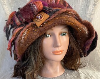 Merino wool brown purple black rusty flapper hat Ooak  felted designer hat tatiana123