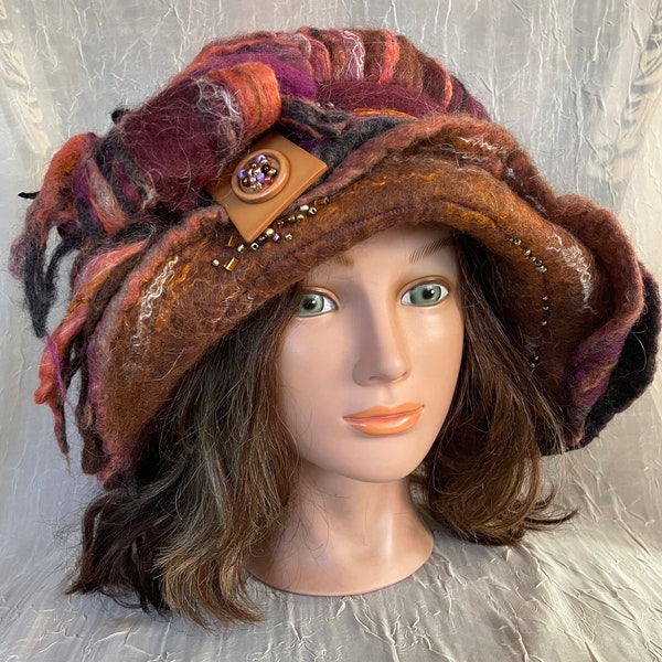 Merino wool brown purple black rusty flapper hat Ooak  felted designer hat tatiana123