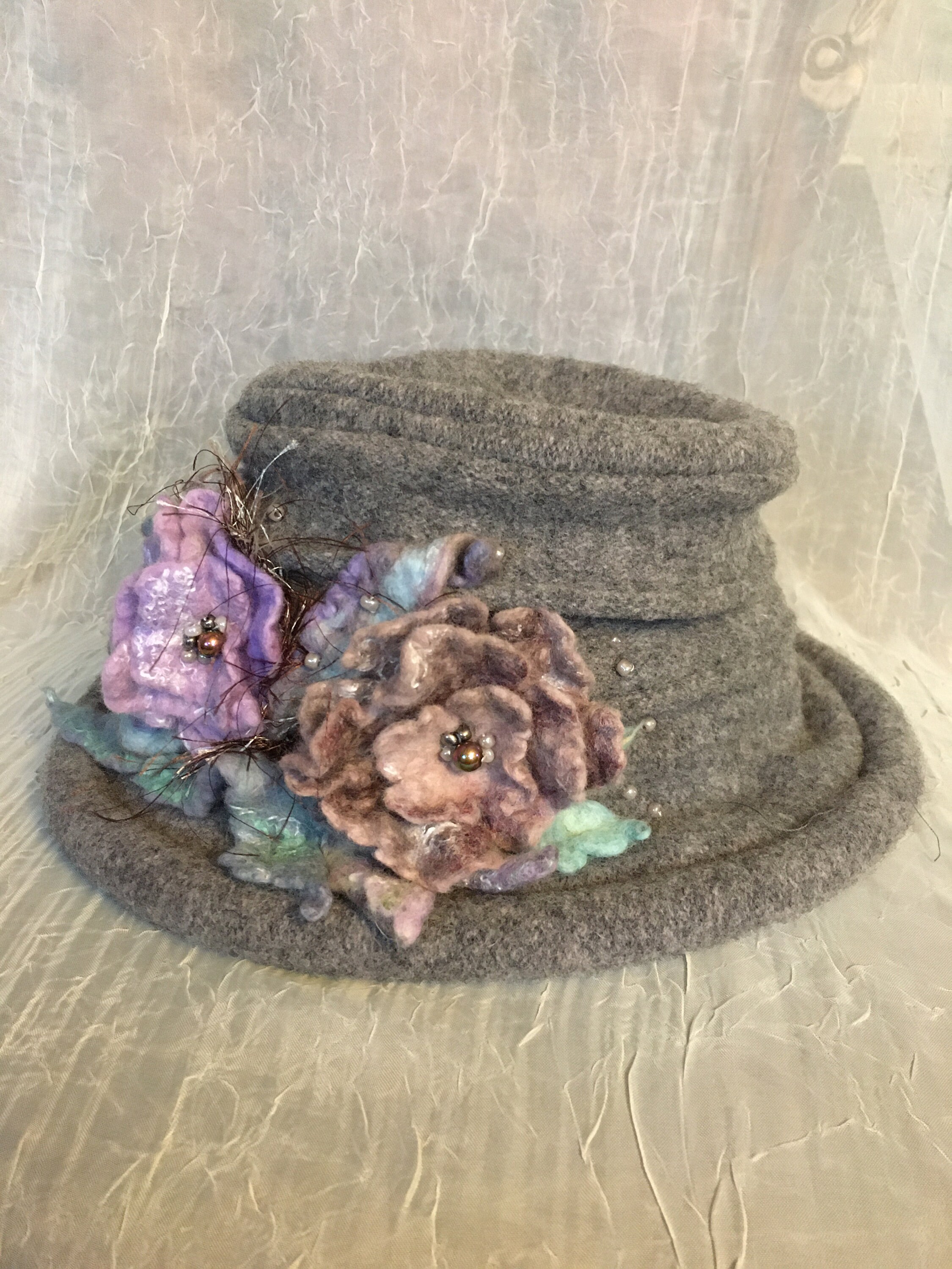 OOAK Handmade Felted Wool Cloche Bucket Hat Gray Artisan Boiled Wool Winter Ooak Merino Wool Wetfelted Cloche Hat Grey Gray Blue Olive  main image 4