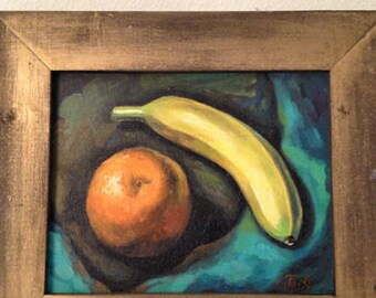 Still life with orange and banana, acrylic, original painting