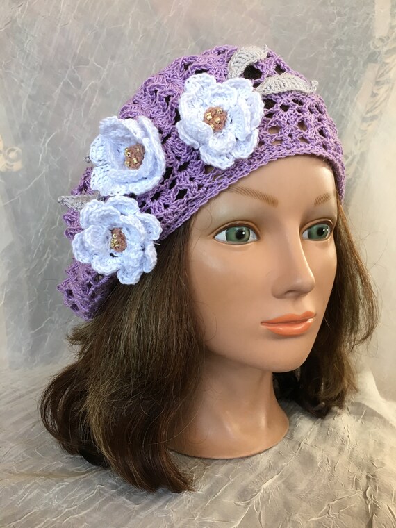 Summer Crochet Beret Hat Beanie Purple Lavender Lilac White  display picture 2