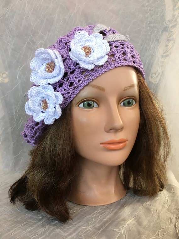Summer Crochet Beret Hat Beanie Purple Lavender Lilac White  display picture 2