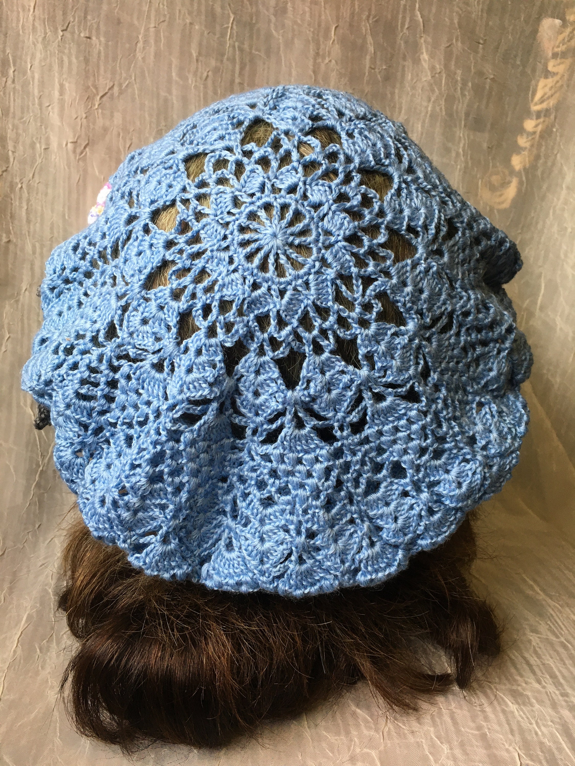 Summer Hat Crochet Beret Periwinkle Blue With Flowers  display picture 2