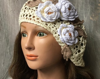 Summer crochet beret hat beanie  cream taupe white with flowers wearable art