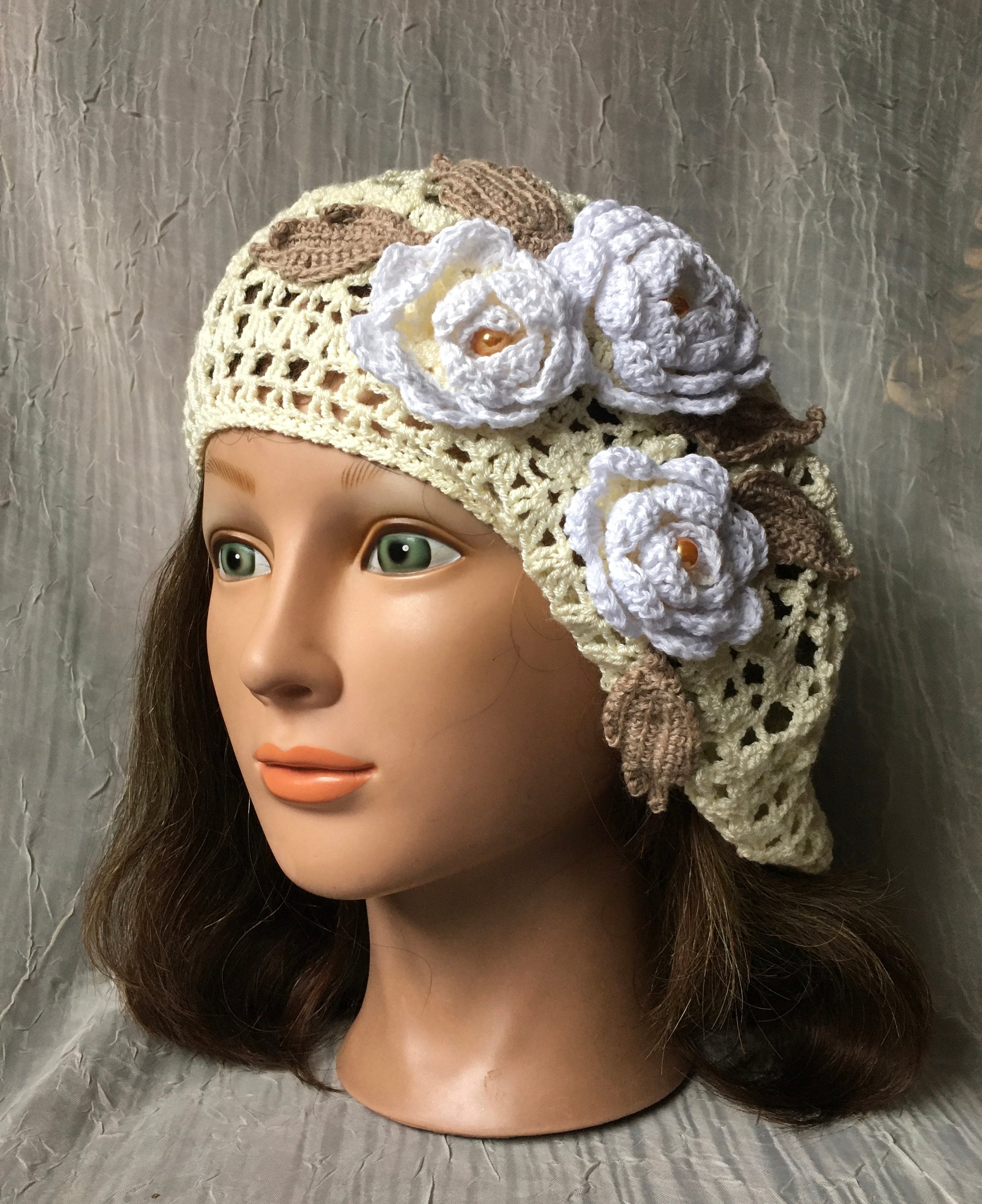 Summer Crochet Beret Hat Beanie Cream Taupe White With  display picture 3