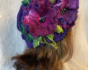 Ooak purple fleece cloche  with wet Felted flowers   Felted flower tatiana123 hat