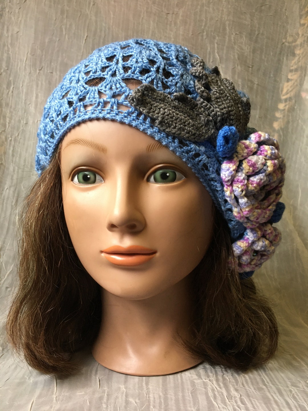 Handmade Crochet Beret with Blue Flower O/S Summer Hat Crochet Beret Periwinkle Blue With Flowers  main image 3