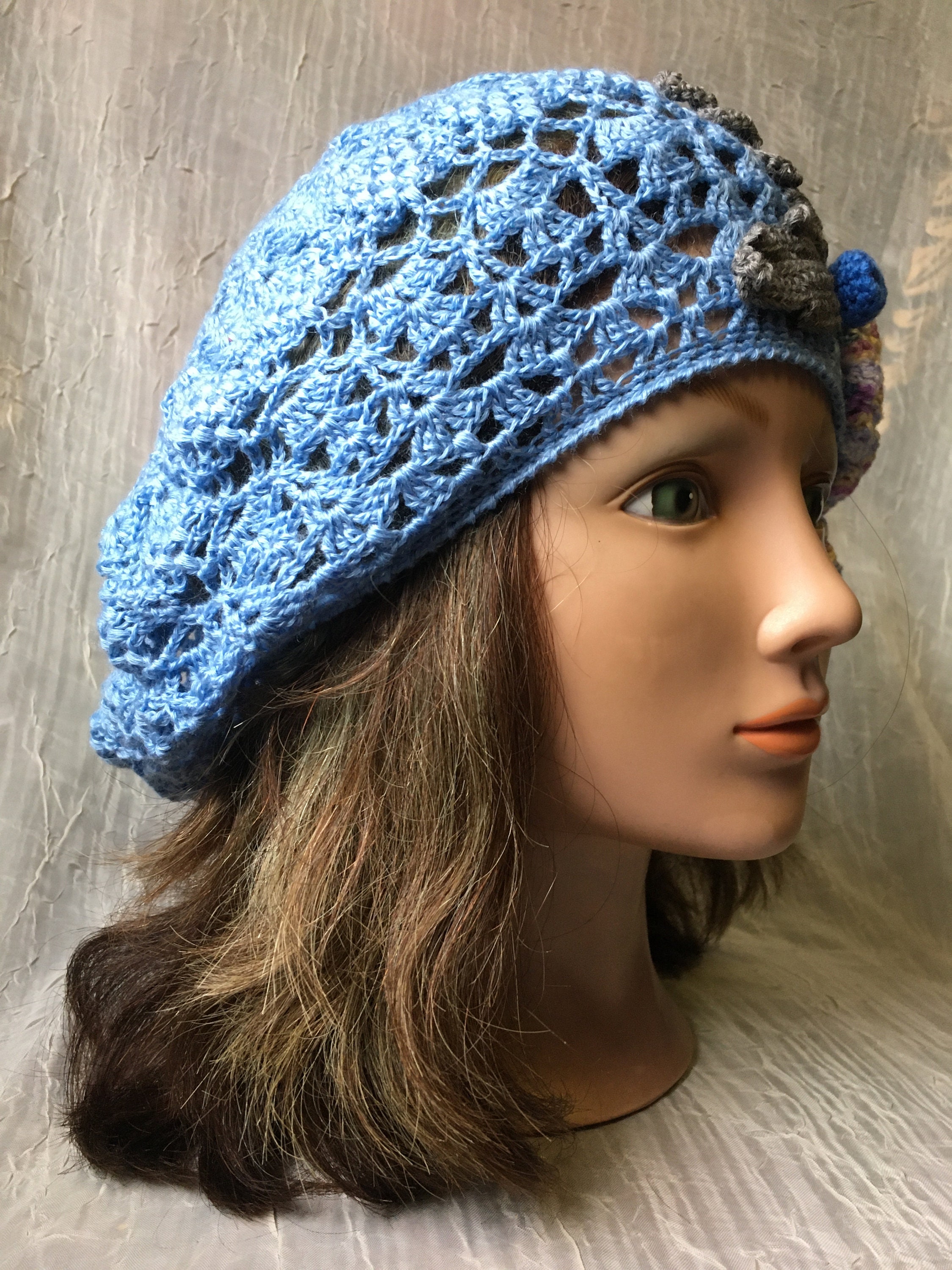 Summer Hat Crochet Beret Periwinkle Blue With Flowers 