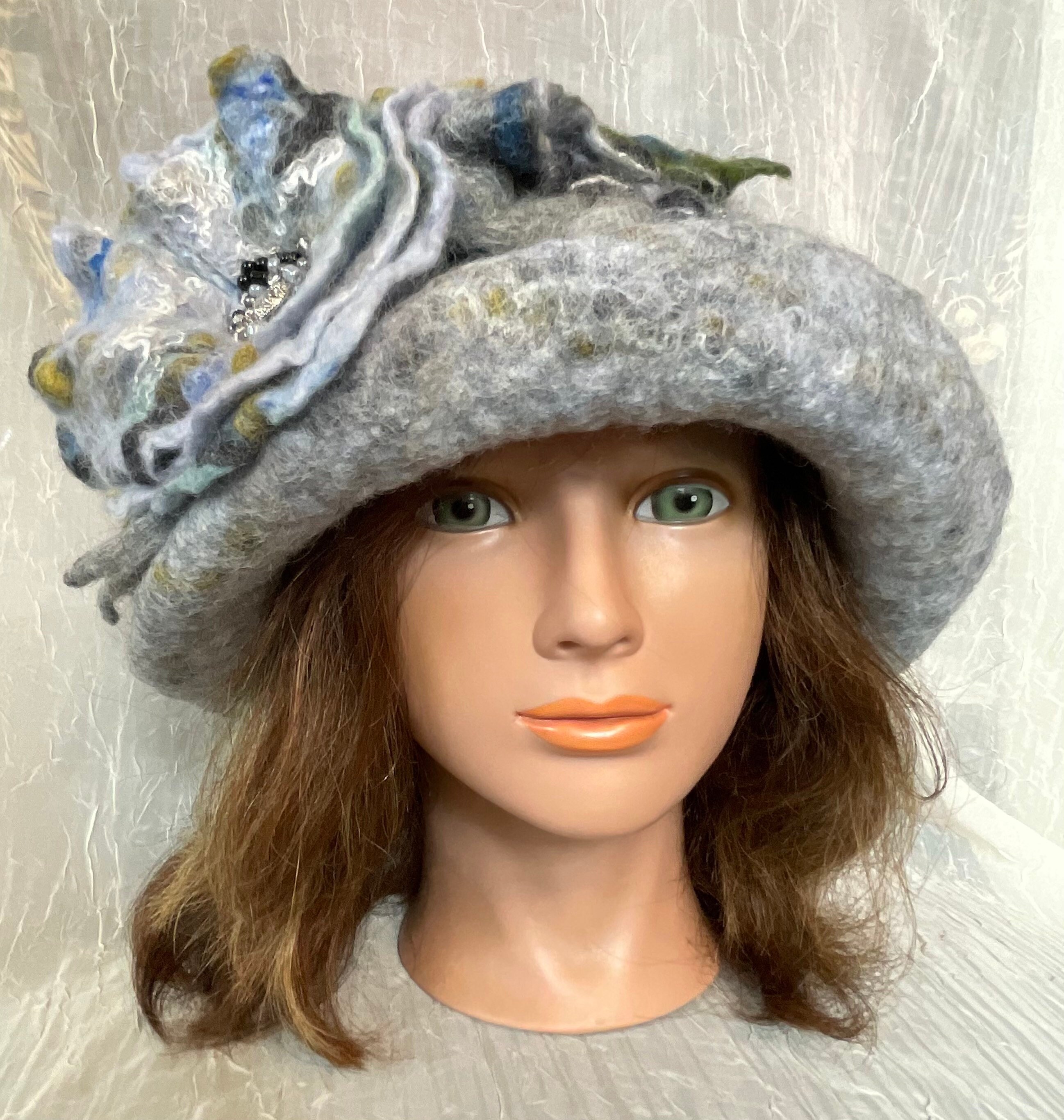 Ooak Merino Wool Wetfelted Cloche Hat Grey Gray Blue Olive 