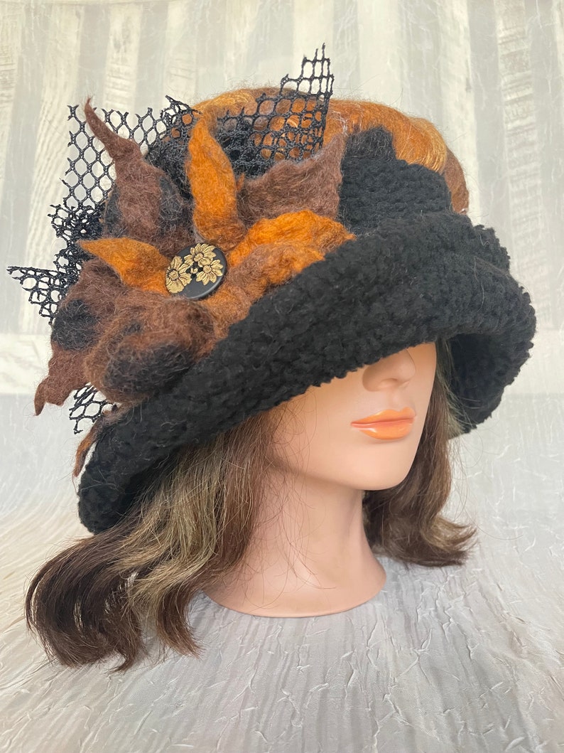 Merino wool brown black rusty animal print merino wool and black Sherpa flapper hat Ooak felted designer hat tatiana123 image 4