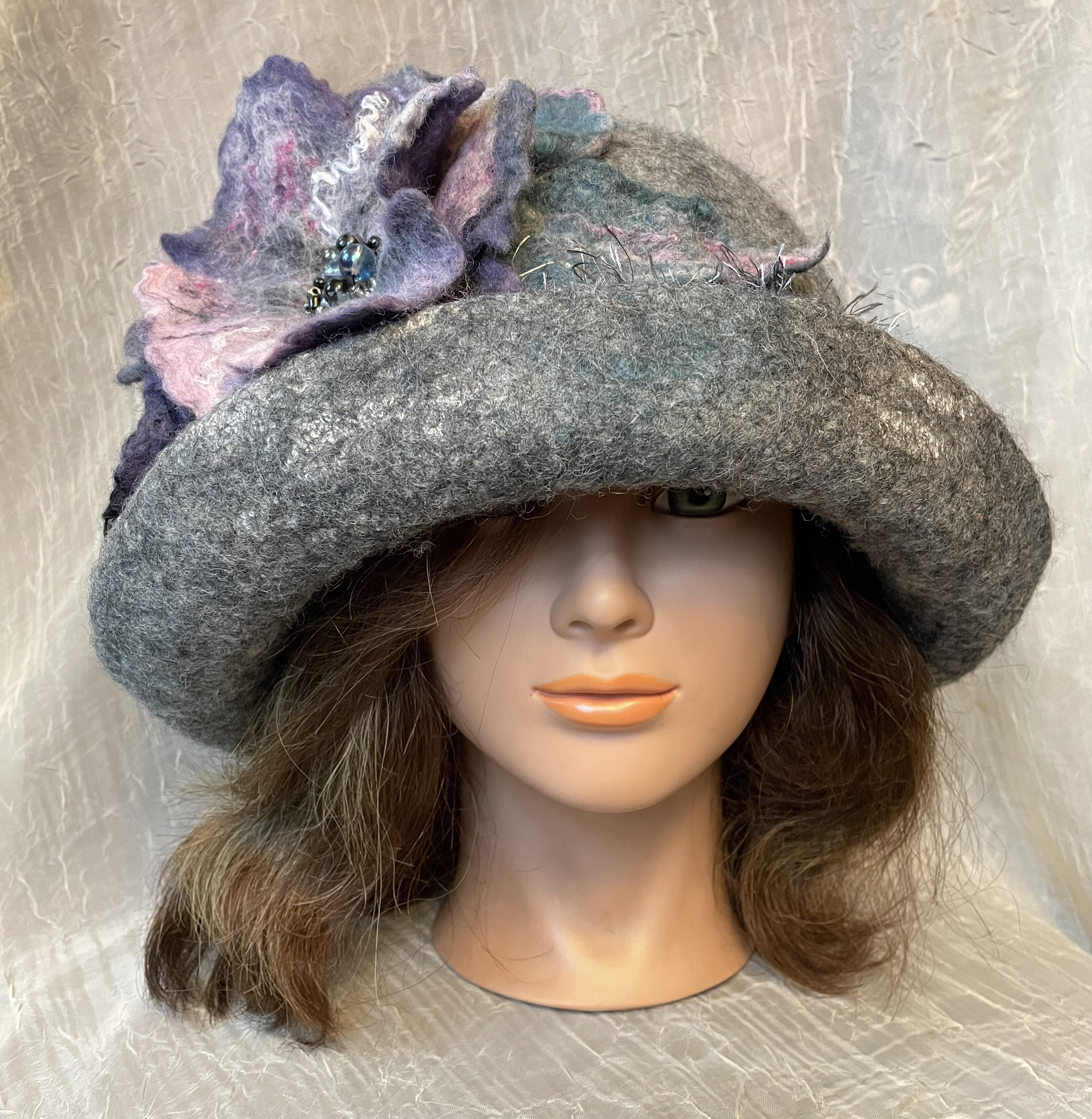 Ooak merino wool wetfelted cloche  hat grey gray pink lavender teal special occasion hat