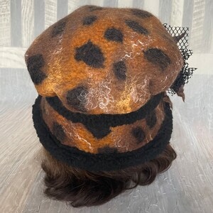 Merino wool brown black rusty animal print merino wool and black Sherpa flapper hat Ooak felted designer hat tatiana123 image 8