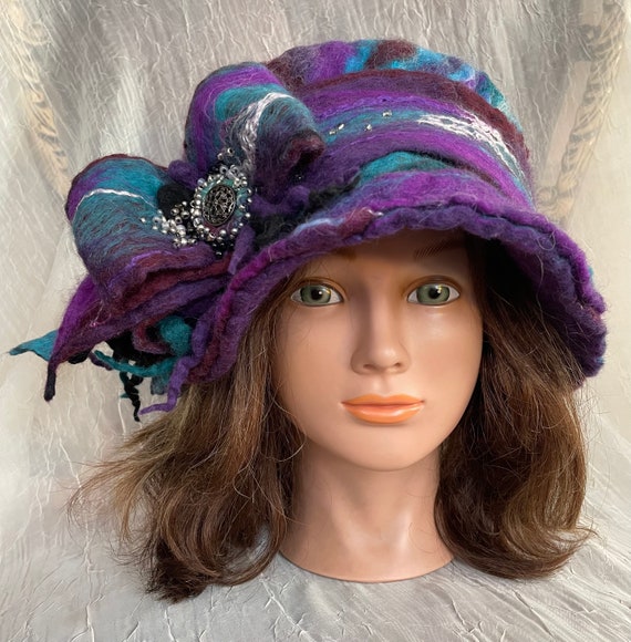 Merino Wool Purple Emerald Green Navy Blue Bucket Hat Ooak  display picture 1
