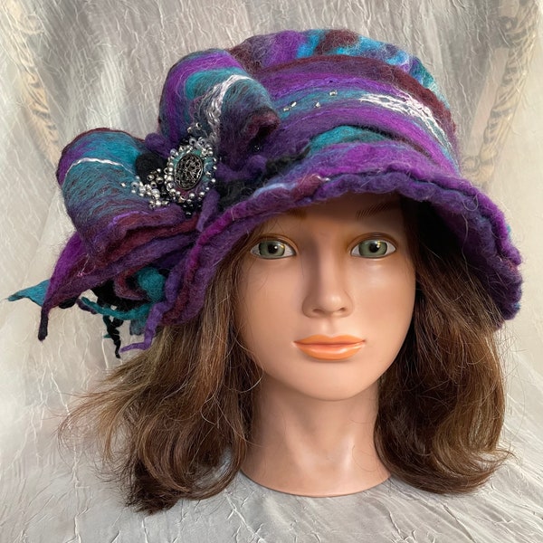 Merino wool purple emerald green navy blue  bucket hat Ooak  felted designer hat tatiana123