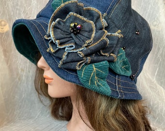 1920 cloche upcycled repurposed environmentally friendly denim blue  teal corduroy warm hat   Ooak
