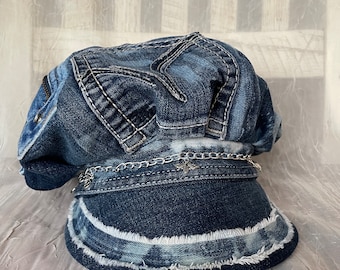 Upcycled repurposed environmentally friendly Denim newsboy cap blue denim  oversized Ooak size extra small- small  adjustable