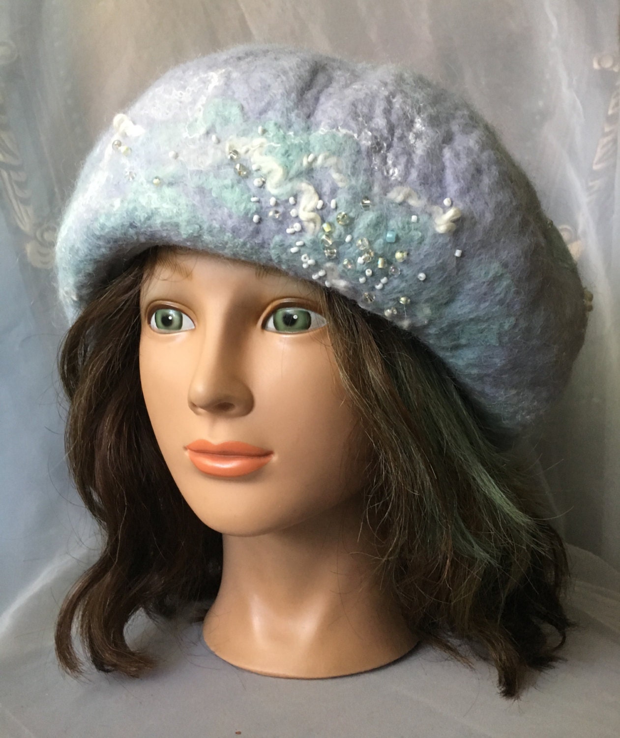 Handmade Felted Wool Beret Purple Blue Marled Artisan Hat Felted Wool Silk Beret Designer Blue Purple Grey Lavender  main image 4