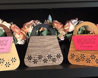 Ręcznie robiony, kwiatowy, drewniany stojak na torebki, dekoracja do torebek w stylu rustykalnym, akcent w domu