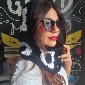 Black and White Mohair Balaclava Winter Hat for Women Wool Balaclava