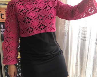Crochet Sweater, Crochet Vintage Blouse, Handmade Long Sleeve Blouse, Handmade Crop Top, Pink Crop Top