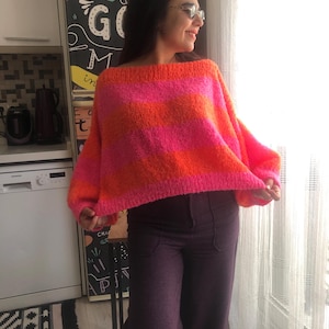 Two Neon Colored Winter Hand Knit Sweater, Gift for Valentine’s Day
