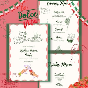 Italian Night Inspired Invitation Dinner & Drinks Menus, Themed Dinner Parties, Menu Templates, Party Invitations, Italian themed night