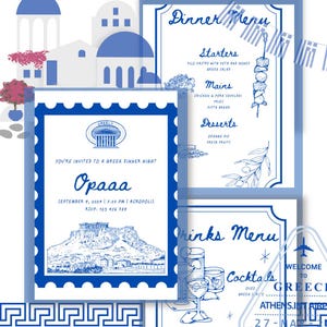 Von Griechischer Nacht inspirierte Einladung Dinner & Drinks Menüs, Themen-Dinnerpartys, Menüvorlagen, Partyeinladungen, griechische Themennacht